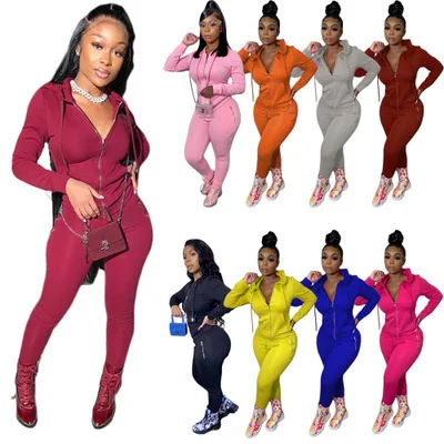 

2020 top selling womens sports and leisure solid color suit personalized zipper pocket 2-piece set for ladies