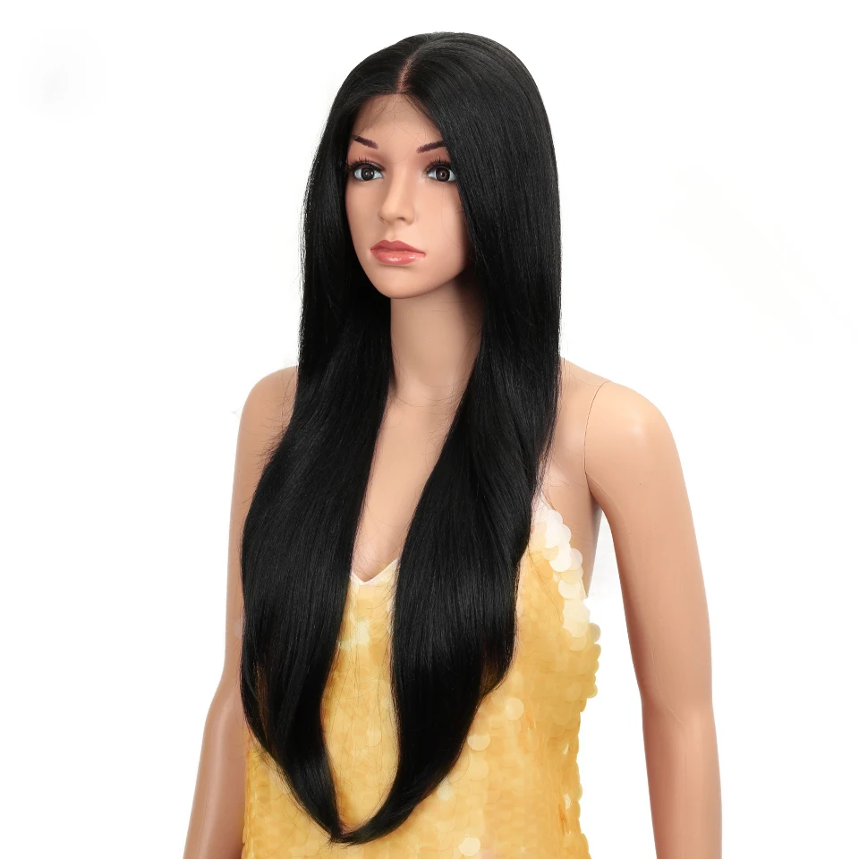 

30inches sleek selling long straight classic full quality 13x6 blonde bangs lace front heat resistant synthetic wig with frontal, All colors