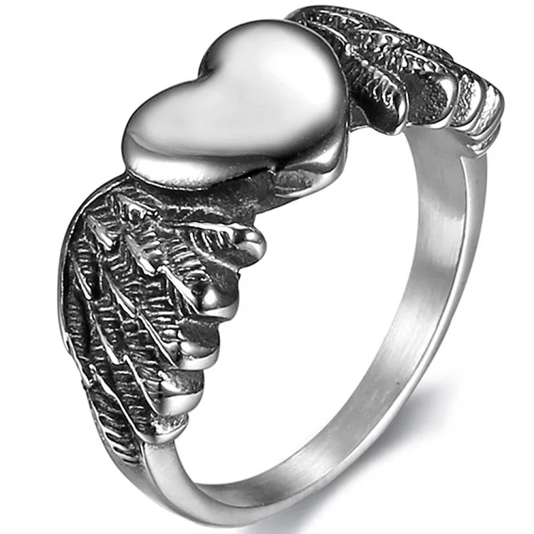 

Amazon hot sale Vintage style angel wings heart shaped wedding stainless steel ring vintage punk titanium engagement ring