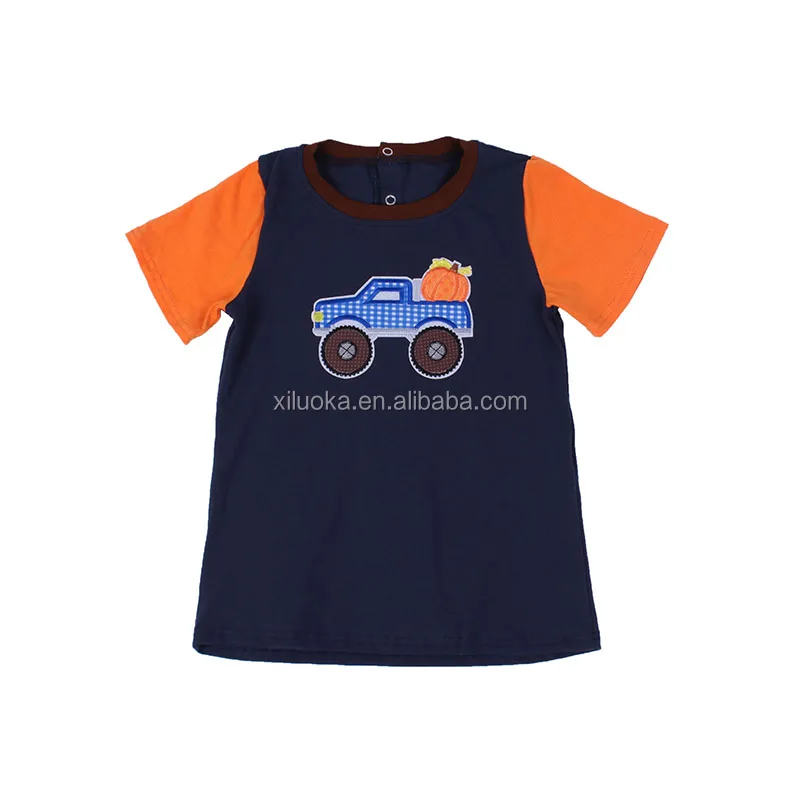 

2021 Hot Sale Boutique Children Boys Clothes Navy Blue Pumpkin Car Pattern Short Sleeve Shirt Top, Picture
