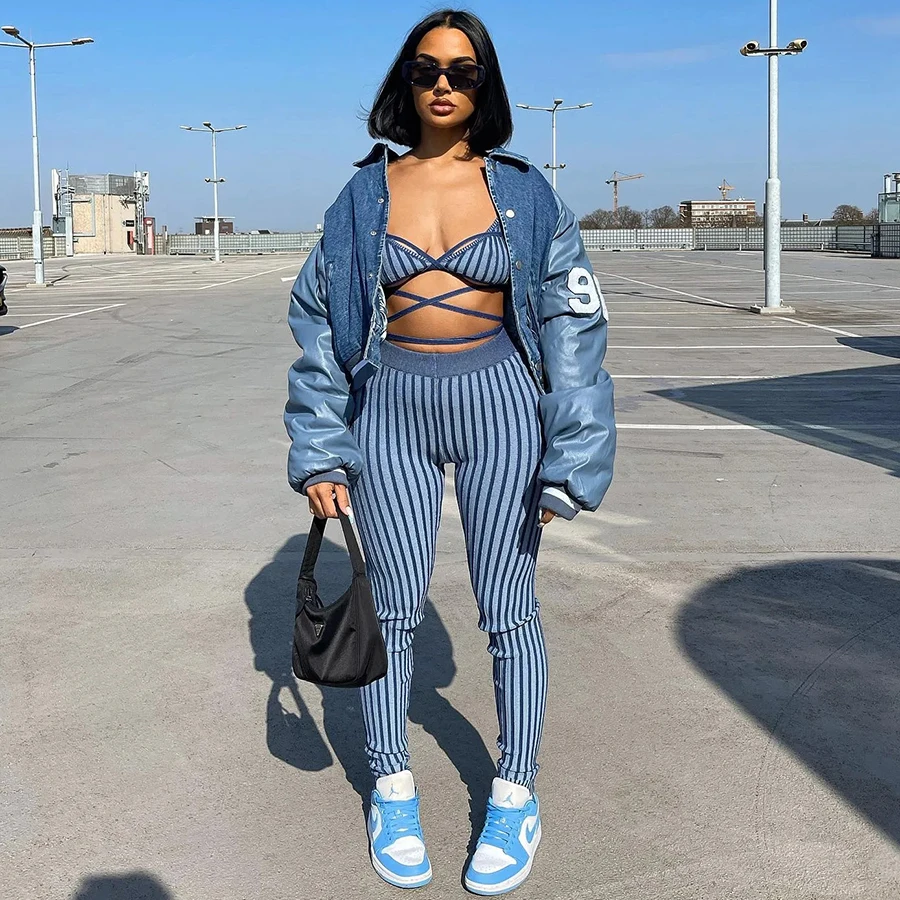 

Kliou K22S15738 Sexy casual street fashion women's suit Drawstring backless top+tight stretch striped pants 2 Piece set women, Picture color
