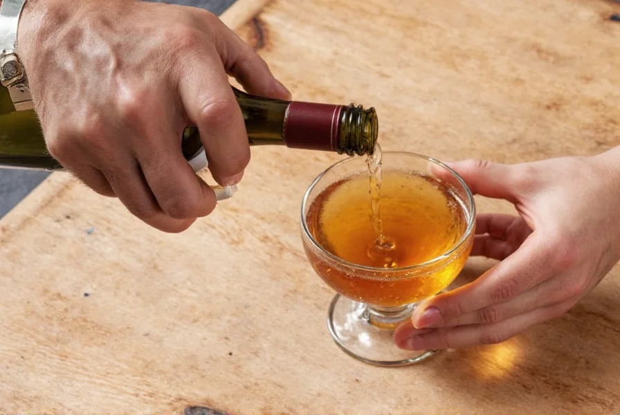 Close-up photograph of amber-colored ginger wine in a tulip glass with lemon twist garnish on wooden table