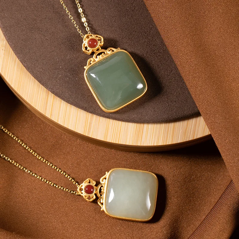 

925 Sterling Silver Gold-plated Jade Pendant Necklace Natural Stone Jewelry Square Nephrite Elegant Temperament Women Necklace