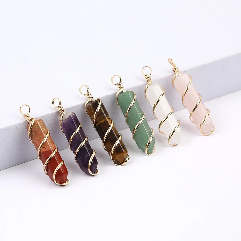 

Fashion Jewelry Gold Silver Wire Wrapped Natural Stone Green Aventurine Clear Quartz Hexagonal Crystal Pendants Jewelry