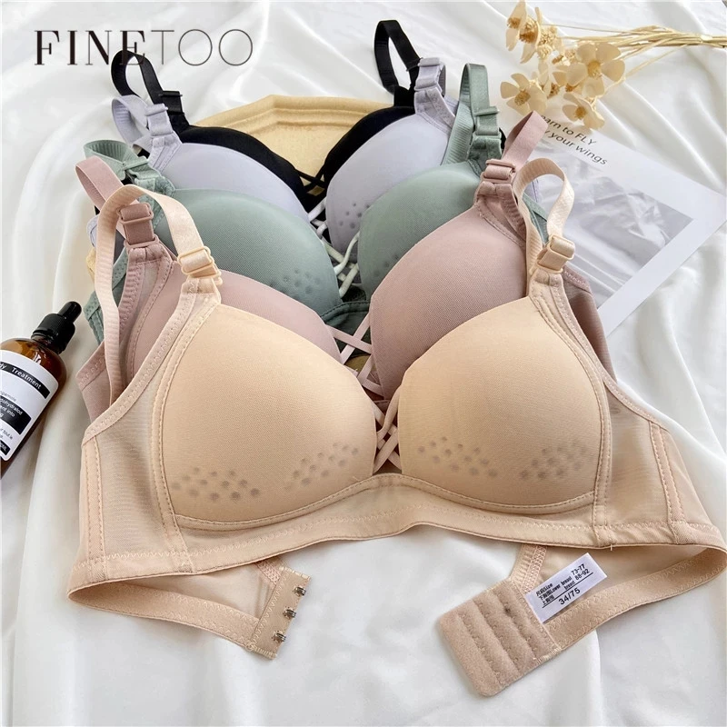 

FINETOO 2021 New Women Breathable Bralette Bra Seamless Sexy Lingerie Simple Push Up Bra Cross Lace Front Closure Women