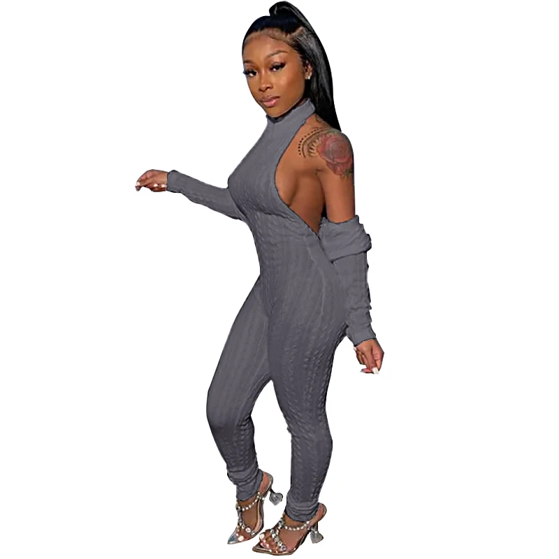 

New Arrival 2021 long sleeve fashion sexy womens sweatersuit romper casual bodycon grey jamsuits for women