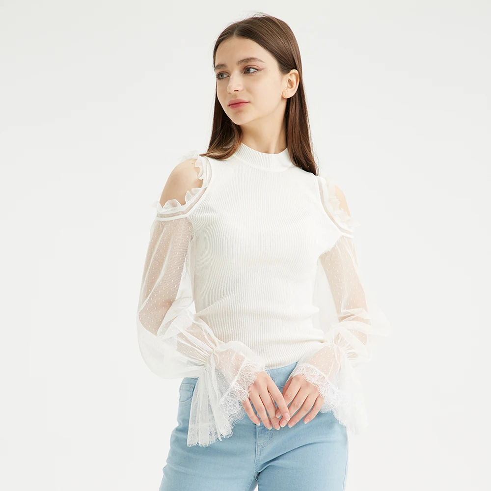 

Custom casual white stylish contrast binding curved hem shirt blouse