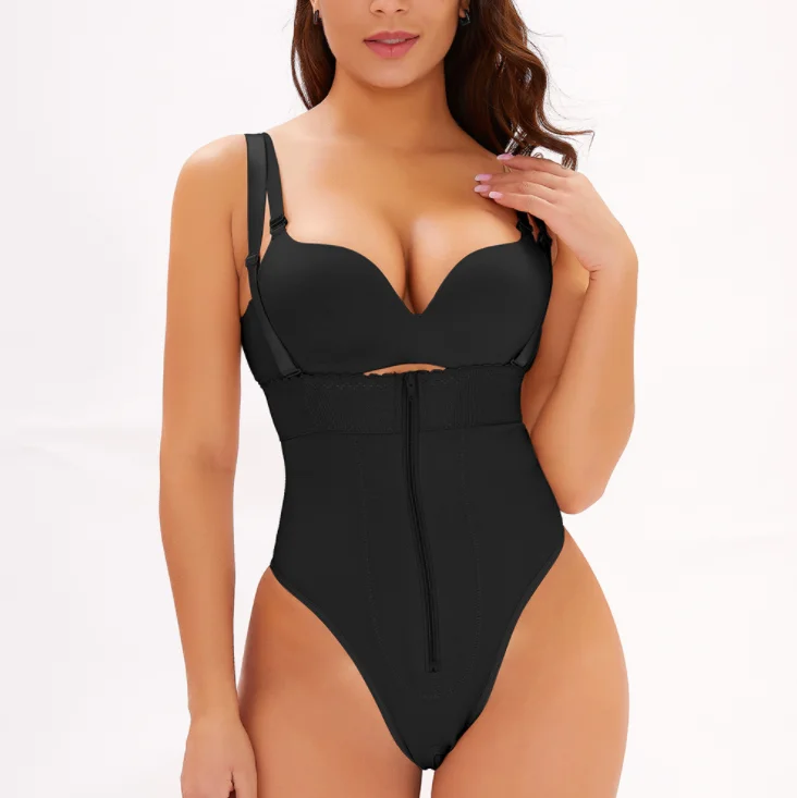 

Women Black High Waist Control Body Shaper Taille Tamanho Plus Size Thong Shapewear With Zipper Adjustable Shoulder Straps, Black/champagne