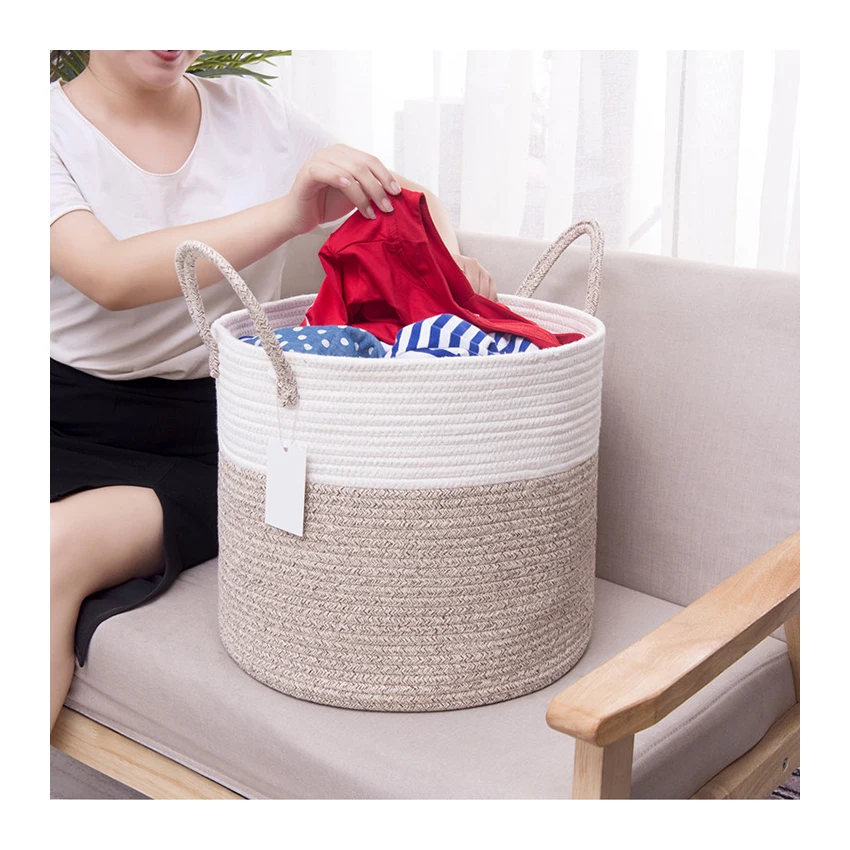 

Woven Cotton Rope Storage Basket with Handles Large Basket for Nursery Laundry Towel Diaper Kids Toy Storage, As photo or custom