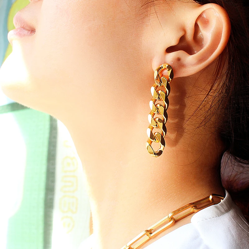 Metal Stainless Steel Cuban Link Earrings Stud Drop Earrings For Women
