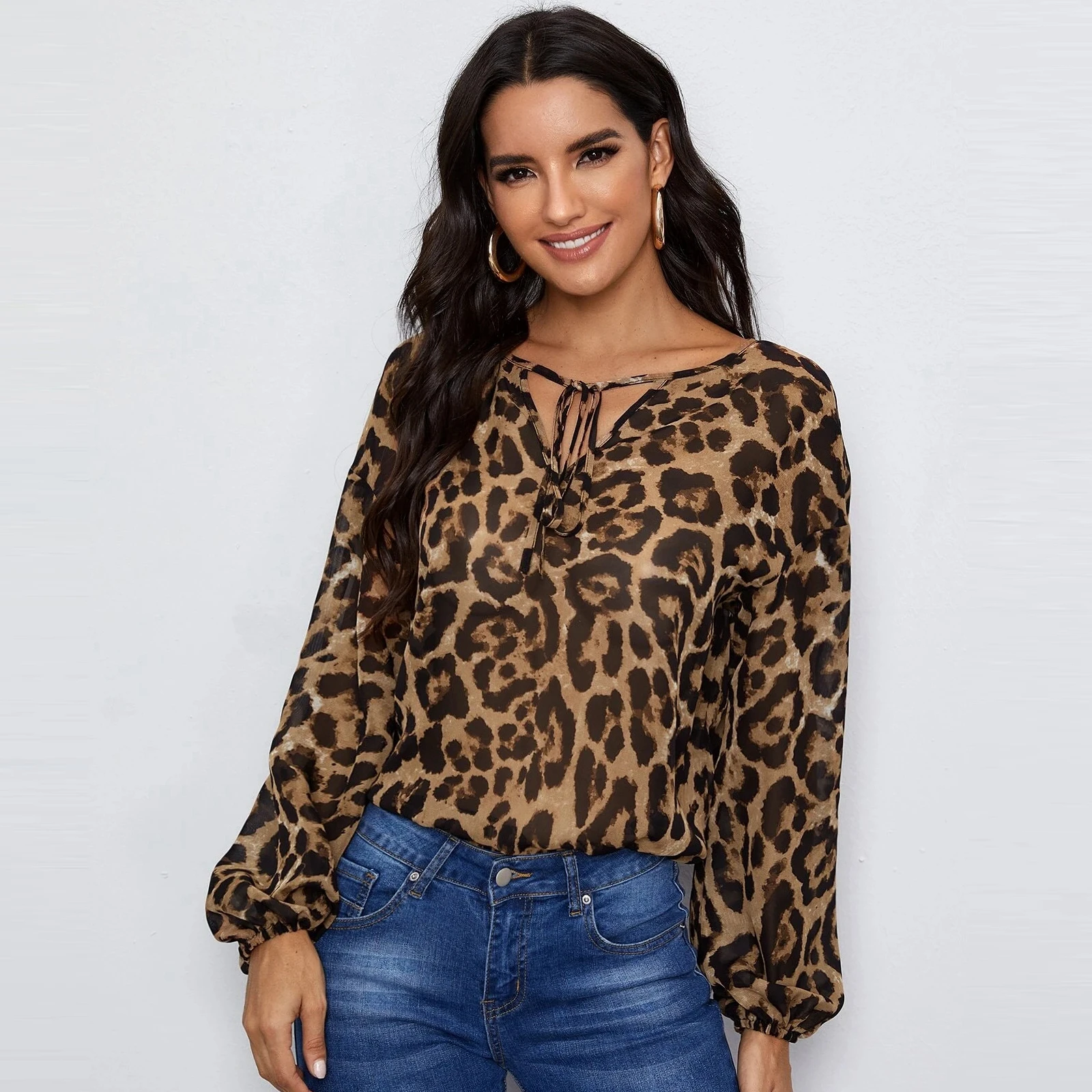 

Tie Neck Lantern Sleeve Ladies Leopard Shirt Casual Blouses For Women