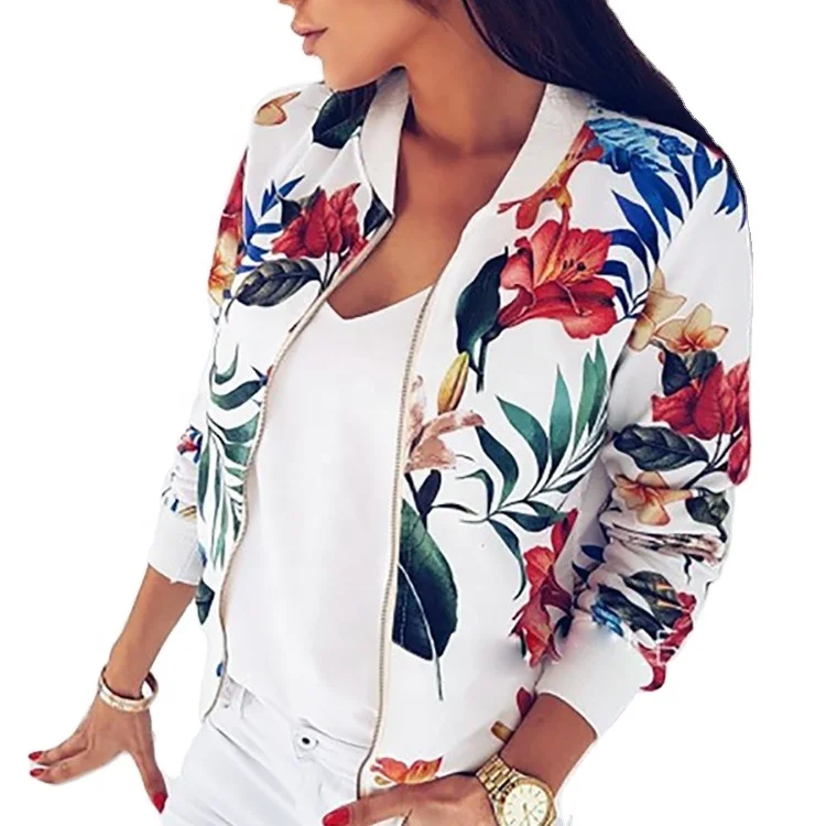 

Autumn Women New Fashion Slim Floral Zipper Long Sleeve Short Coat Baseball Jacket2021