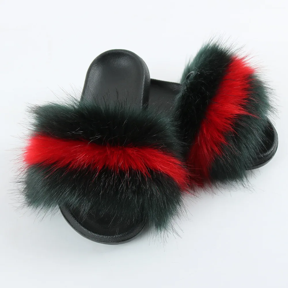 

Latest Fashion Design Ladies Rainbow Faux Fur Slippers For Women