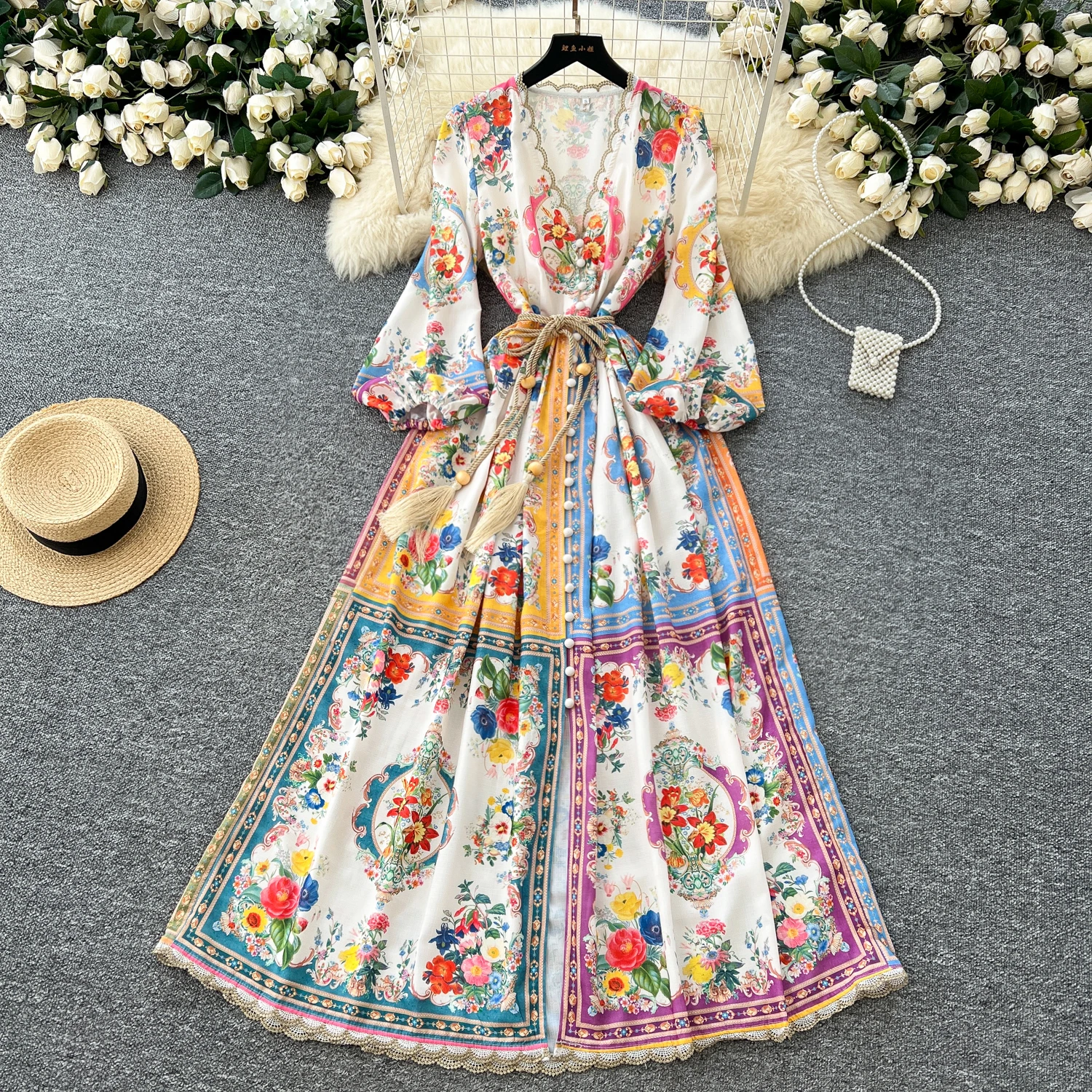 Light Luxury Print Bubble Sleeve V Neck Dress