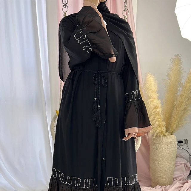 

Eid Lace Robe Women Solid Color Clothing Dubai Women Modest Black Abaya Cardigan Turkish Abaya Wholesale