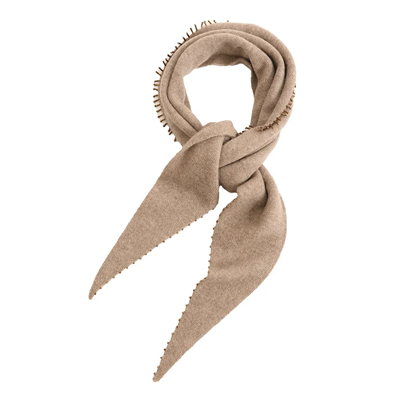 

OEM service hotsale knitted Solid color ladies cashmere Triangle scarf with beads edges customize logo