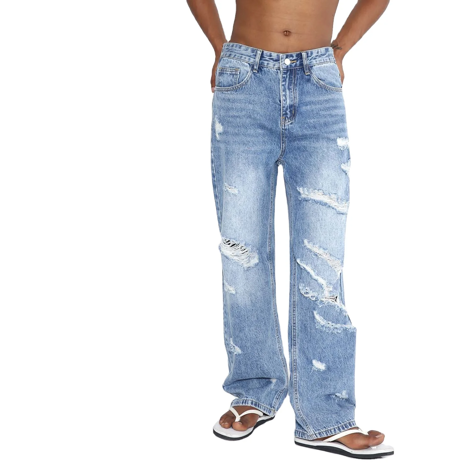 2024 designer denim jeans destroyed washed light blue jeans Fashion ripped men jeans