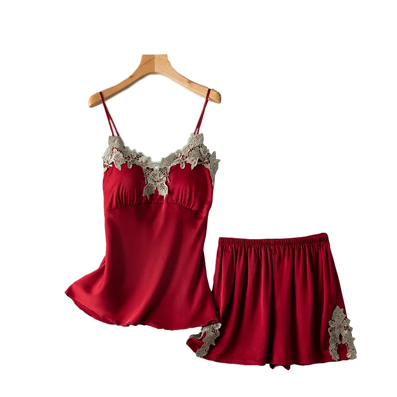 

Satin Pyjamas Women Pajamas 2 pcs Set Sexy Lingerie Lace Sleepwear Spring Summer Elegant Silk Pijama Home Wear With Chest Pads