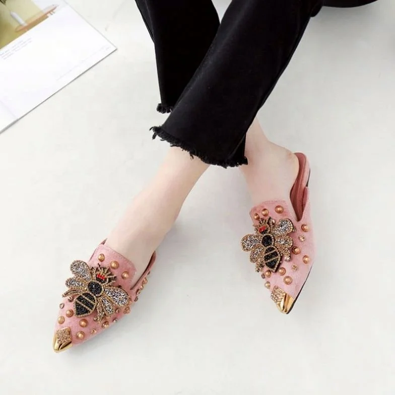 

Wholesale Women Pointy Toe Mules Backless Flats Tiny Diamond Bees Metat Rivets Studded Slippers Shoes Sexy Dress Loafers, Black pink