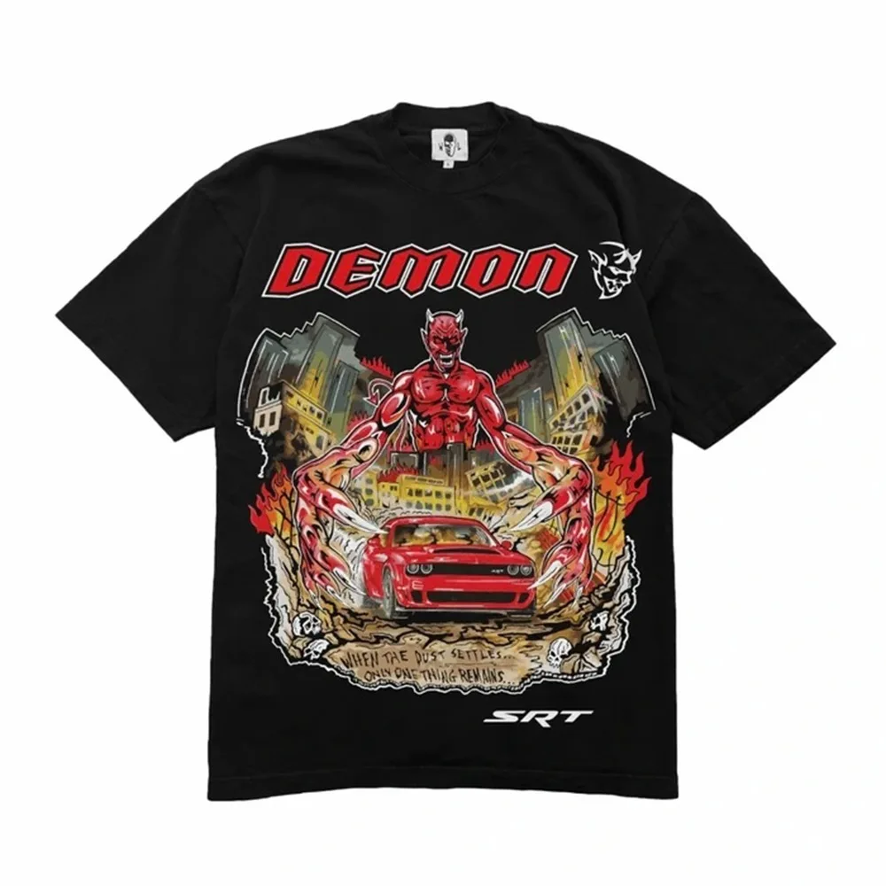 

Vintage Shirt Warren Lotas Dodge and Demon Skull Print Tees Oversized Cotton T-shirt Loose Style Women and Men's Clothes