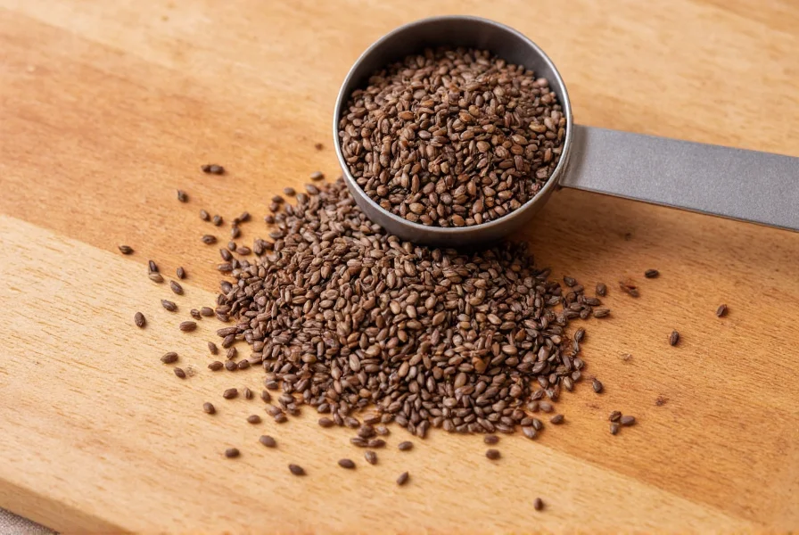 Close-up photograph of caraway seeds on wooden cutting board with measuring spoon