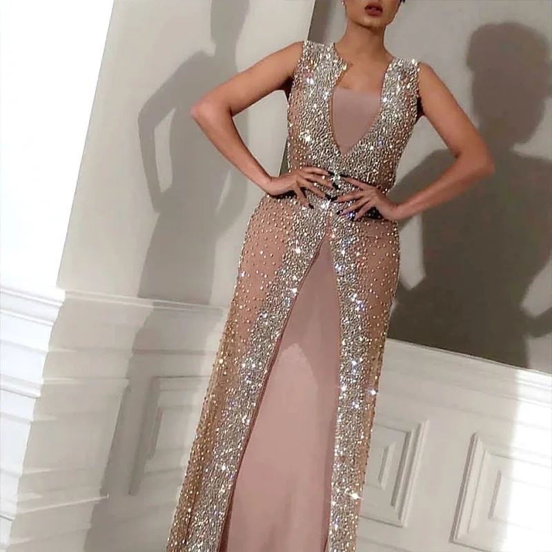 

Sexy Cape Two-piece Set Evening Dress Gold Prom Dress Bling Sequined Ladies Formal Wear Gowns, Picture