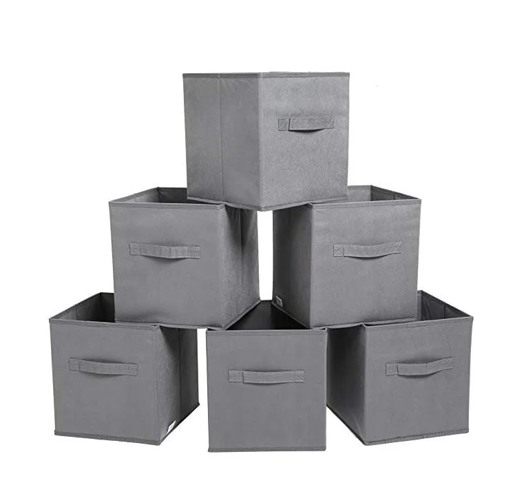 

Set of 3 Grey Fabric Basket Box Cubes Containers Organizer for Closet Shelves with Leather Handles, Customized color