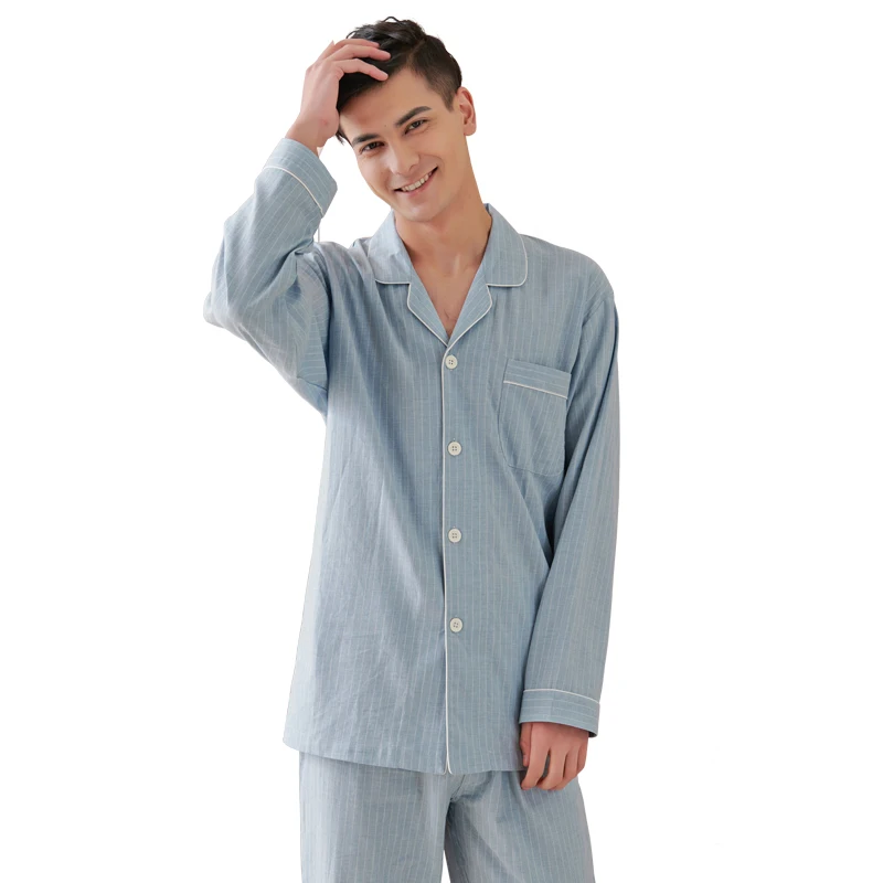 

Cotton Sleepwear Custom Pajamas Men And Women Stripe Pyjamas Sleepwear For Couple, Sky blue/blue/pink purple