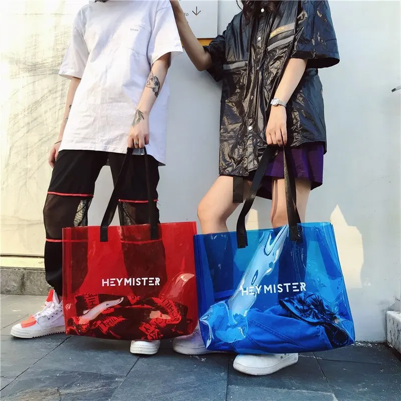 

Fashion custom oversized large capacity big handbag shopping shoulder bag transparent plastic pvc tote bag