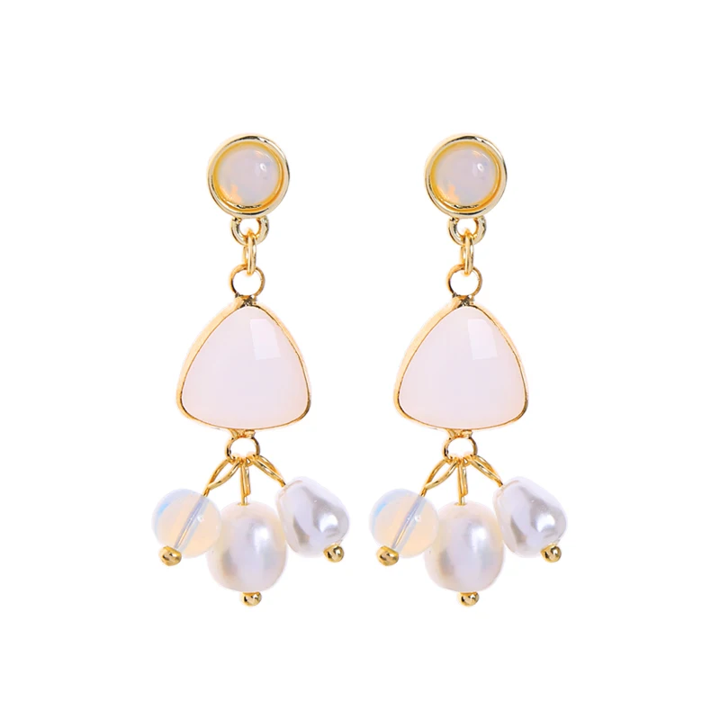 

de980108 Korean Style Long Fairy Exquisite White Gemstone Water Drop Resin Pearl Dangle Gold Plated Pendant Earrings