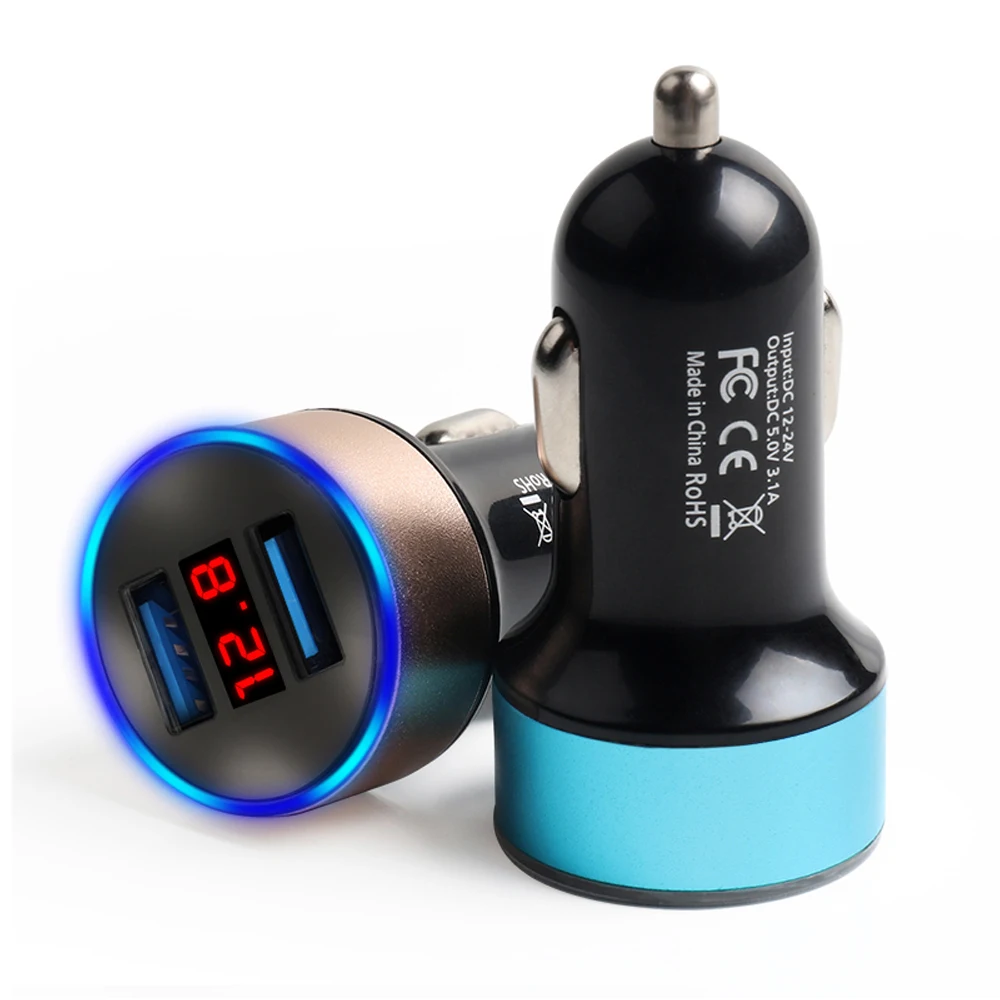 

Hot selling dual usb port carcharger electronic 2.4 A mobile usb car charger, Blue/black/silver/red/champagne