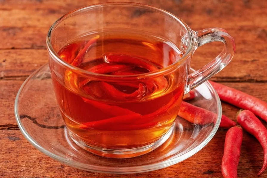 Fresh cayenne peppers and prepared tea in a clear glass mug showing vibrant red color
