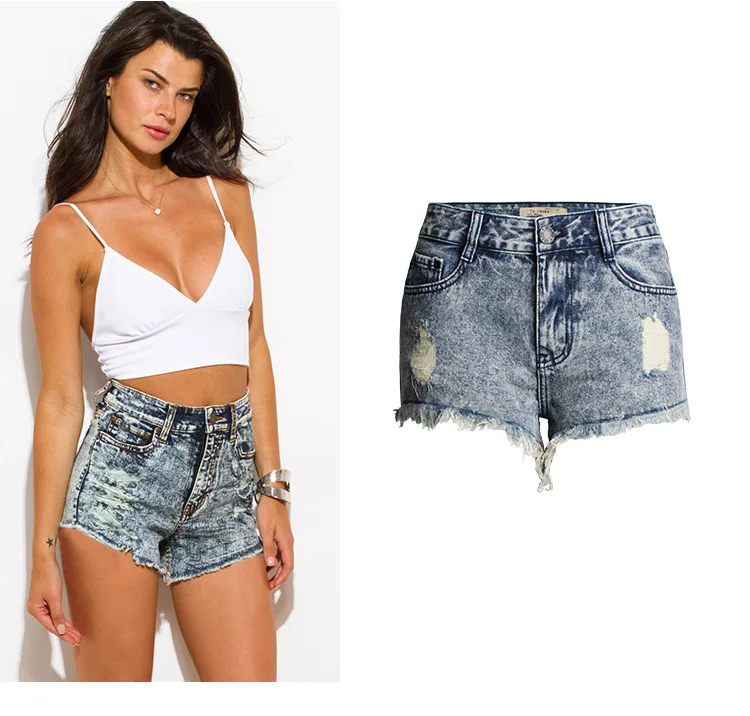 

2021 Summer women denim shorts vaqueros de verano para mujer ripped irregular denim mid waist snow washing sexy hot pants, Light blue