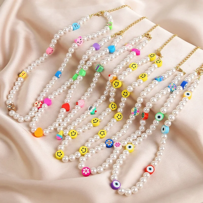 

Ins Trendy Boho Colorful Flower Polymer Clay Pearl Beads Smiley Face Necklace Handmade, As the photos showed