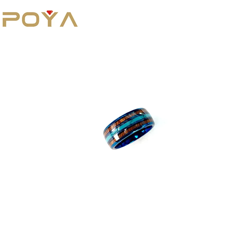 

POYA 4mm Blue Tungsten Ring Double Groove Wood And Turquoise Inlay Comfort Fit