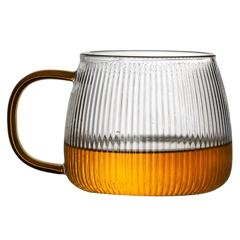 

New Vertical Striped Borosilicate Glass Mug Ribbed Coffee Cups with Amber Colored Handle