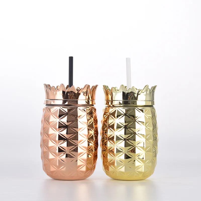 

Creative Electroplating Plastic Diamond Pineapple Cup Adult Fashion Shape Juice Straw Cup, As picture