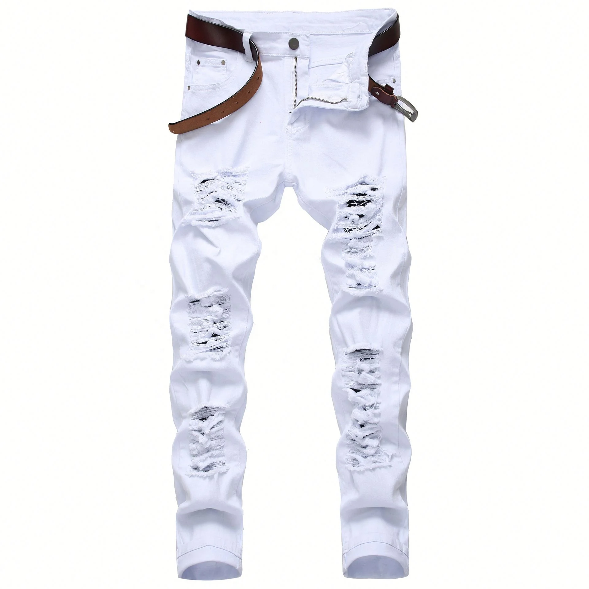 

Men's Casual Ripped Elastic Trousers Denim Multicolor Jeans, Black/white/red