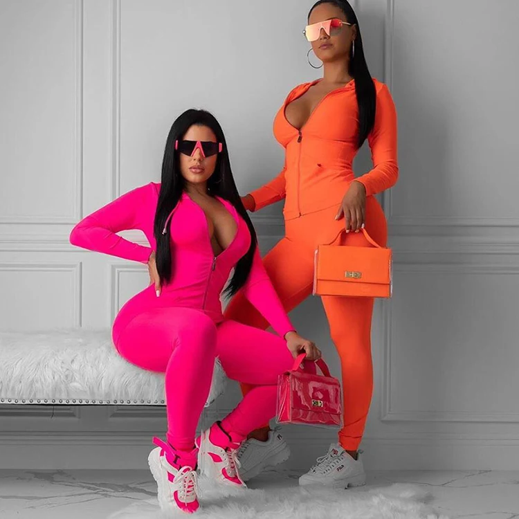 Pure Color Zipper Up Top And Pants Tracksuit Women 2 Piece Set Clothing