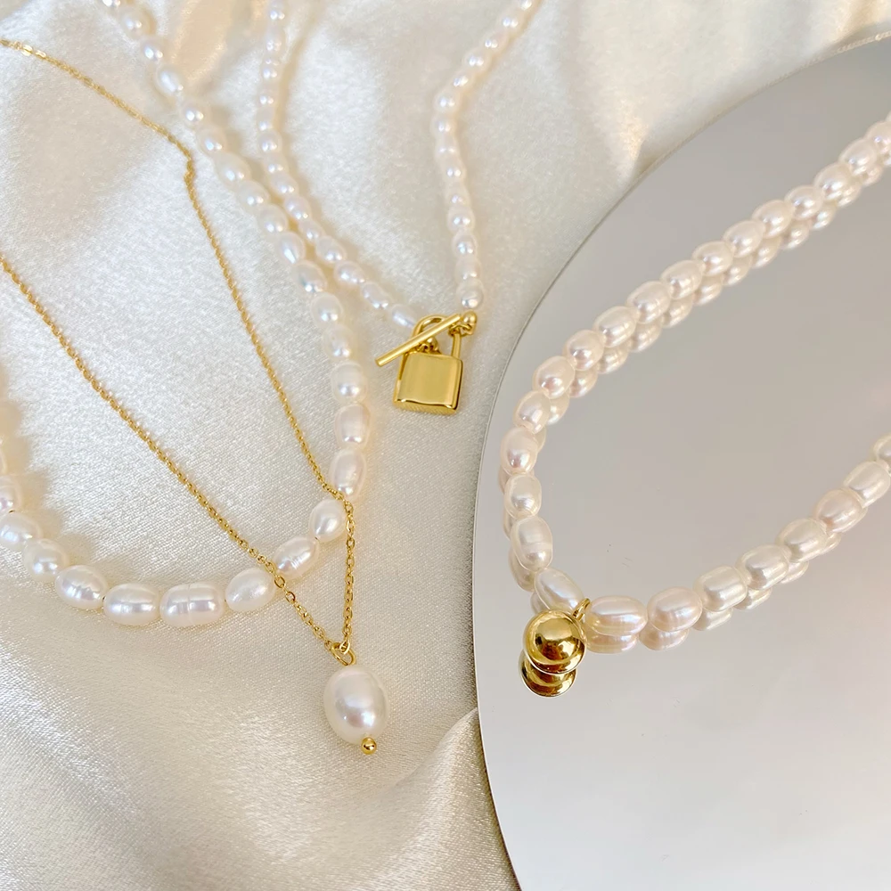 

Fashion Freshwater Pearl Short Vintage Necklace 18k Gold Plated Stainless Steel Ball/Lock Pendant/Fine Chain Double Jewelry 2024