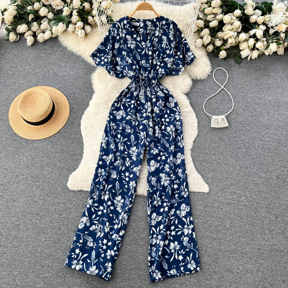 

2023 summer new ins fashionable V-neck printed slim jumpsuit women's wide leg trousers
