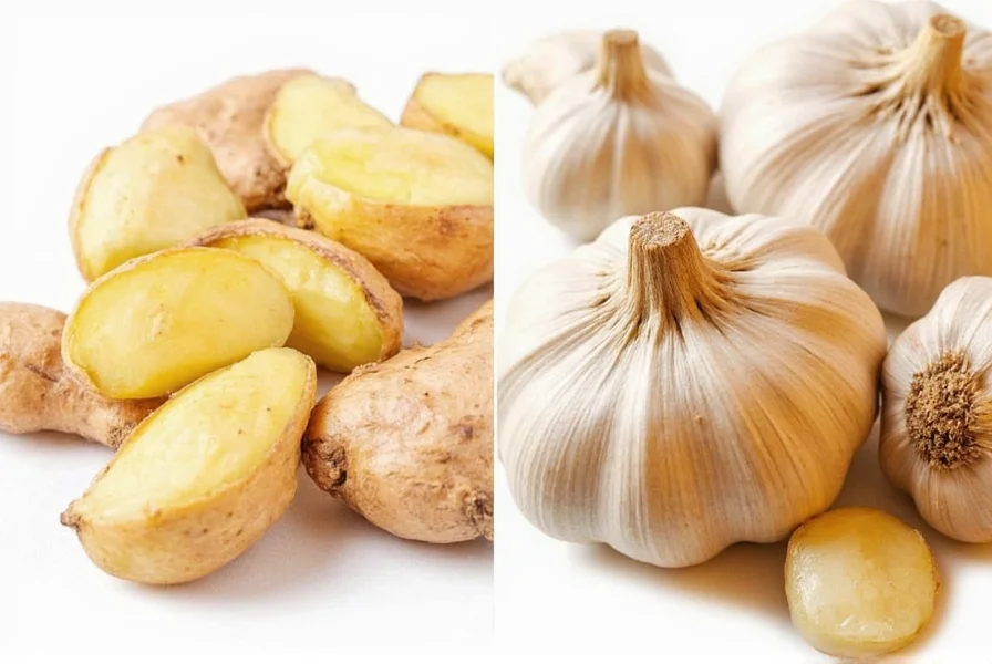 Various dishes featuring ginger and garlic including stir-fry, soup, and roasted vegetables