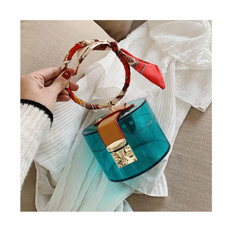

Transparent MINI Tote Bags For Women Summer Fashion Acrylic Handbags Scarves Designer Hand Bag 2020 Lady Round Metal Jelly Bags