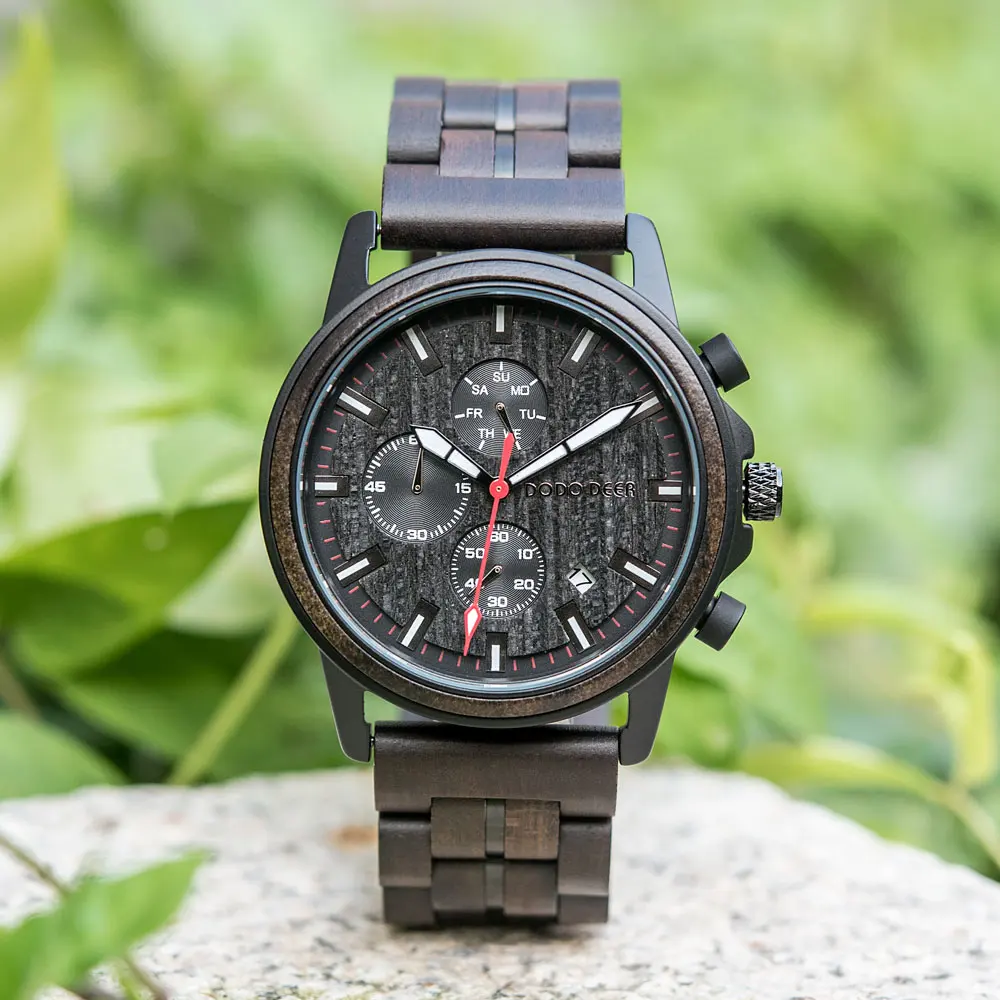 Antique Wooden Chronograph Sandal Wood Watch for Men Business Mens Watches with Glass Dial Window and Pointer Display