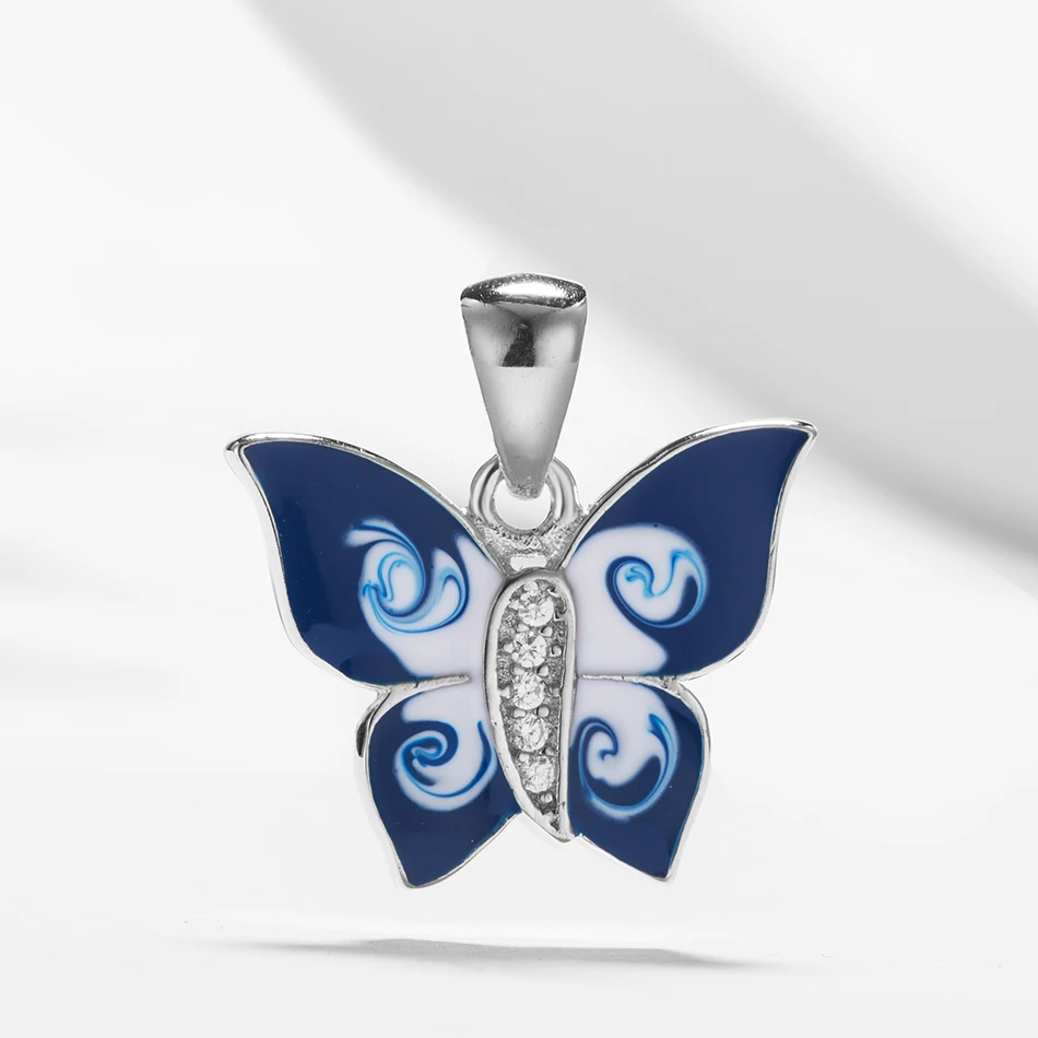 

Fashion Blue Enamel Cubic Zirconia Pendant 925 Sterling Silver Butterfly pendant Fit Original Necklace DIY Jewelry Making