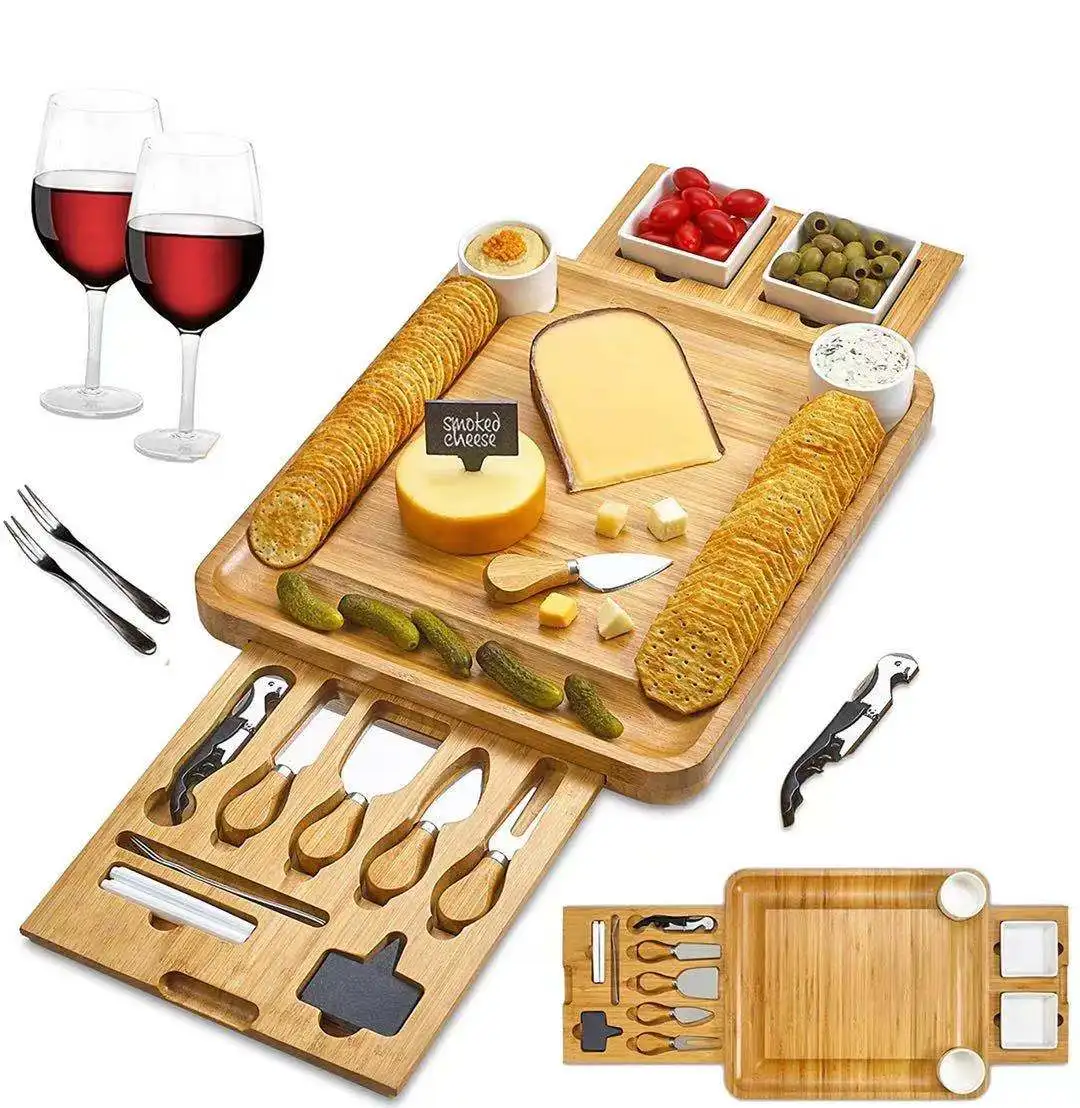 

Bamboo Cheese Board and Knife Set Ceramic Bowls Wine Opener Organic Wood Serving Tray Charcuterie Board, Natural