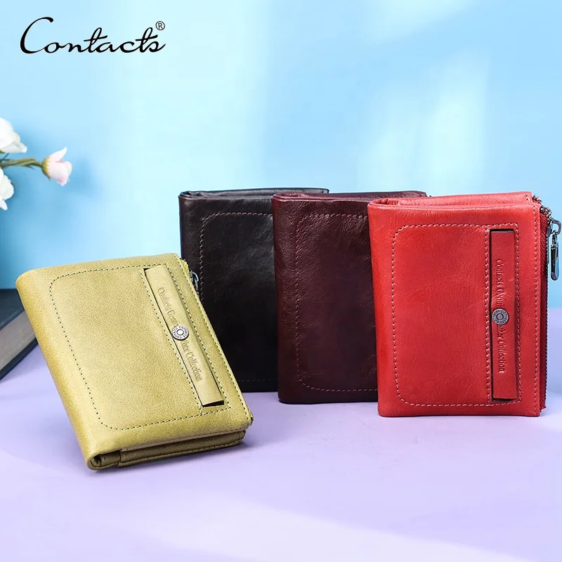 

Double Zipper Pocket Small Purse RFID Womens Credit Card Holder 8 Slots Bifold Wallet Full Grain Leather Cash Coin Wallet, Red, wine red,yellow,coffee