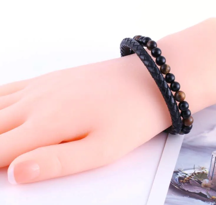 

Men Natural Stone Bead Magnetic Clasp Black Genuine Leather Bracelet set, As pic