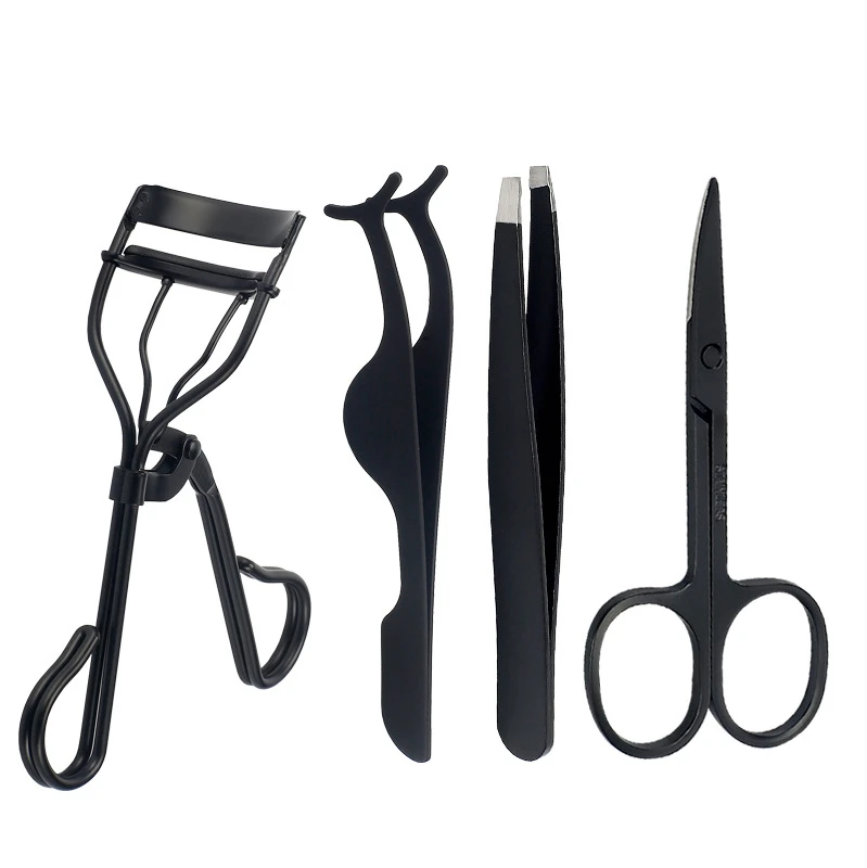 

4pcs lash curler eyebrow tweezer eyelash scissors makeup tool set, Black/ custom