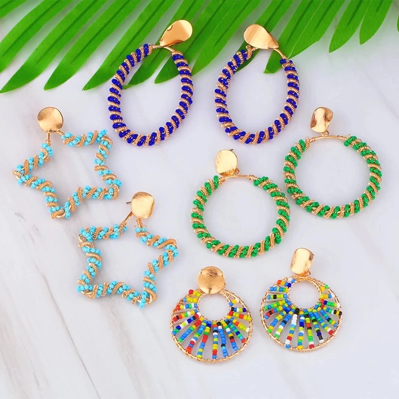 

2021 Boho Colorful Handmade Beaded Star Earrings Big Hollow Circle Round Seed Bead Drop Earring